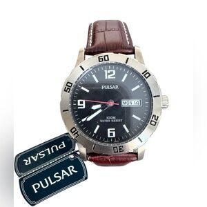 NWT Pulsar PXN101 men’s analog watch with mineral crystal & a brown leather band